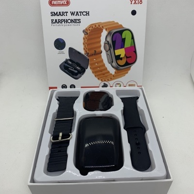 Conjunto smartwatch Remax YX18 com pulseiras e earphones em embalagem branca
