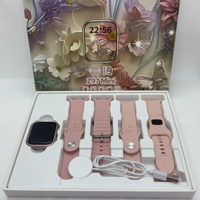 Conjunto de relógio inteligente Z97 Mini com pulseiras rosa e carregador em embalagem floral