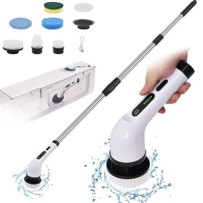Escova elétrica de limpeza com acessórios variados e cabo USB