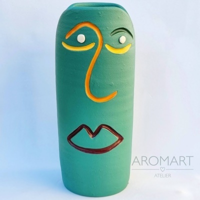 Jar with abstract face -  emerald green