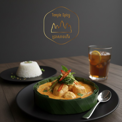 Prato de caril com almôndegas em recipiente de folhas e arroz branco com chá com limão numa mesa de madeira