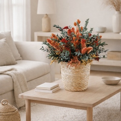 Arranjo de flores secas em vaso na mesa de madeira numa sala de estar clara e neutra