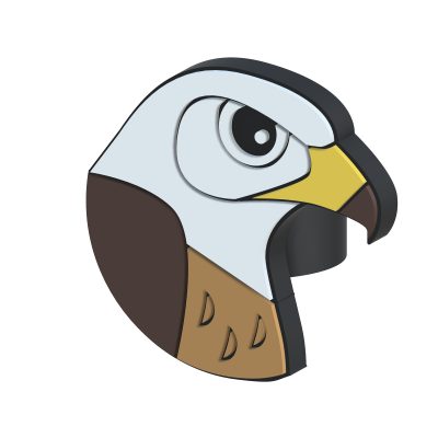 Pin metálico da cabeça de uma águia estilizada com várias cores.