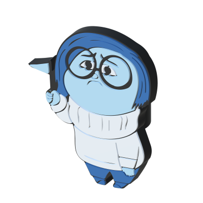 Personagem animada azul com camisola branca e óculos grandes