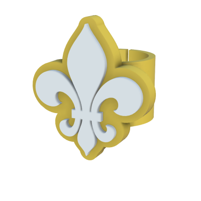 Anel amarelo com símbolo flor-de-lis branco sobre fundo preto