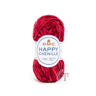 Novelo de fio vermelhão da marca DMC Happy Chenille com etiqueta branca