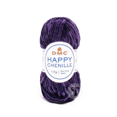Novelo de fio chenille roxo da marca DMC com etiqueta 'HAPPY CHENILLE'