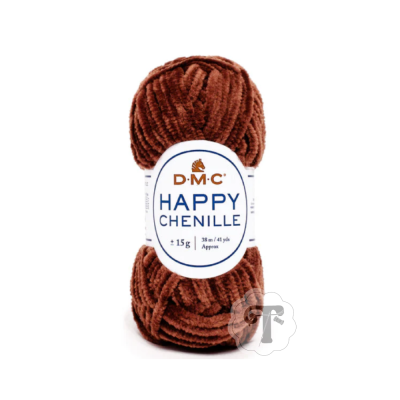 Novelo de fio chenille castanho com etiqueta DMC Happy Chenille.