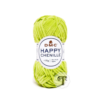 Novelo verde claro de lã chenille da marca DMC com etiqueta branca