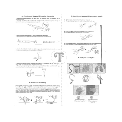 Instruções para enfiar e trocar agulha de máquina de costura com diagramas e exemplos de pontos