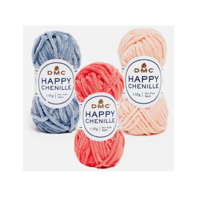 Novelos de lã chenille DMC Happy Chenille cinzento azul, salmão e coral