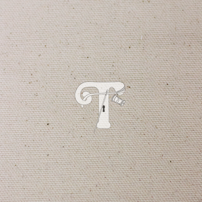 Tecido bege claro com letra T branca e agulha com carretel