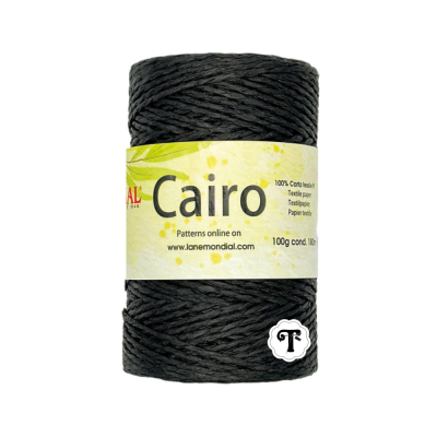 Rolo de fio preto Cairo em papel têxtil com rótulo amarelo e verde