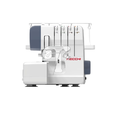 Máquina de costura overlock branca e cinzenta com cones de linha e etiquetas de instruções