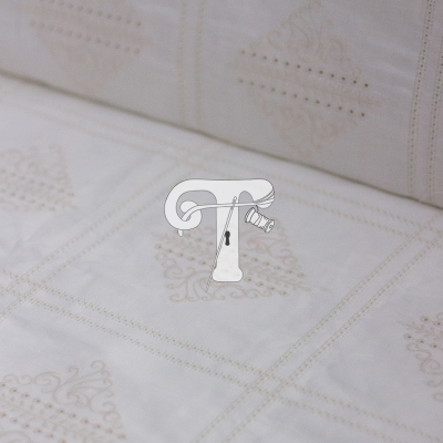 Tecido branco com bordado bege em padrão geométrico e decorativo