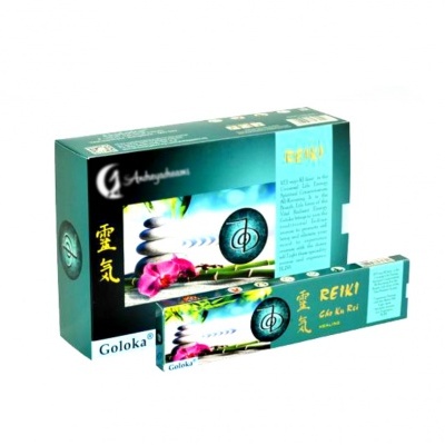 Embalagem azul e verde de incenso Goloka Reiki com pedras zen e flores