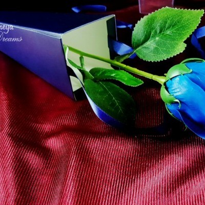 Rosa azul artificial com folhas verdes e caixa triangular azul sobre tecido vermelho