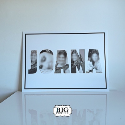 Quadro decorativo com o nome JOANA em letras pretas com fotos dentro, em fundo branco