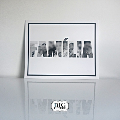 Moldura branca com a palavra FAMÍLIA recortada e imagem preta e branca ao fundo