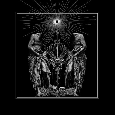 Desenho monocromático de duas figuras humanas sem cabeça com tecidos, crânios, cetro e raios luminescentes