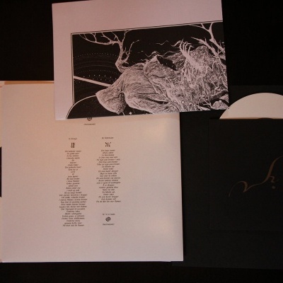 Conjunto de discos de vinil brancos com capas em preto e branco e texto impresso