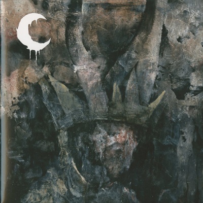 Pintura abstrata escura com figura coroada e círculo branco no canto