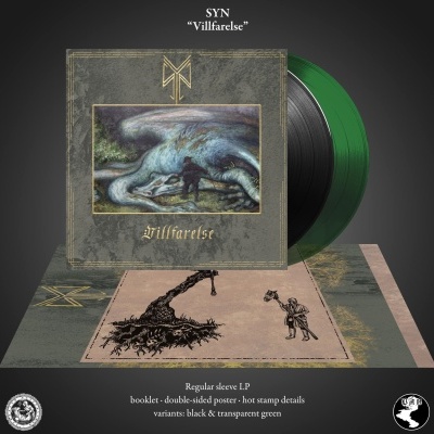 Disco vinil LP com capa cinza e dourado, ilustração e texto 'SYN' e 'Villfarelse', disco preto e verde transparente e poster em fundo cinza.