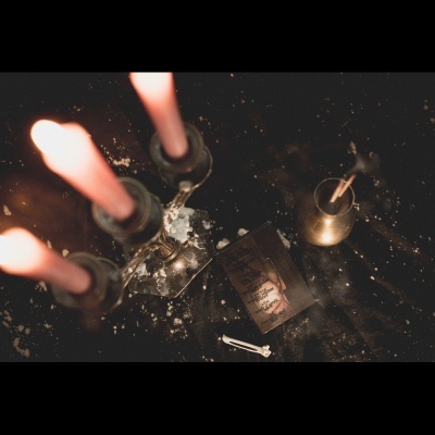 Castiçal com velas cor-de-rosa, livro pequeno castanho, copo metálico dourado com ramo seco sobre mesa escura