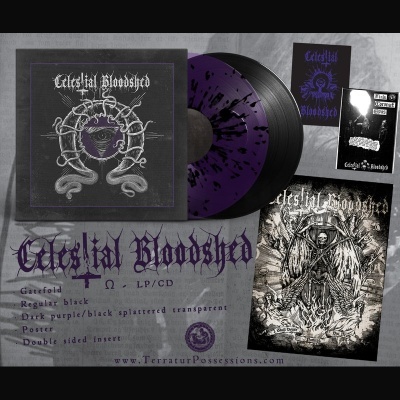 Coleção Celestial Bloodshed com vinil roxo e preto, capa, pôster e cartões promocionais