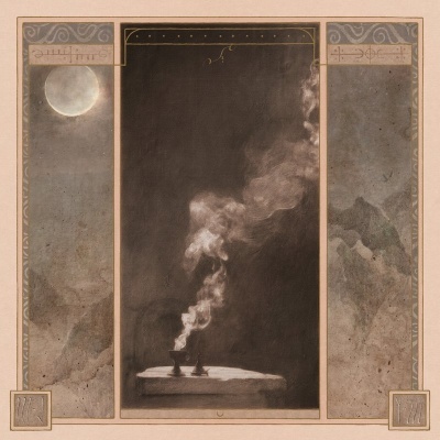 Pintura com mesa e pequenas chaminés fumegantes emoldurada