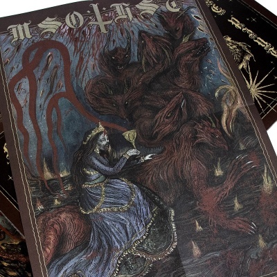 Pôster com arte que mostra uma figura feminina com vestido azul e dourado segurando um cálice,multiples cabeças de lobos castanhos ao redor.