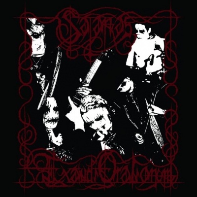 Imagem a preto com três figuras humanas em branco e preto e texto decorativo vermelho