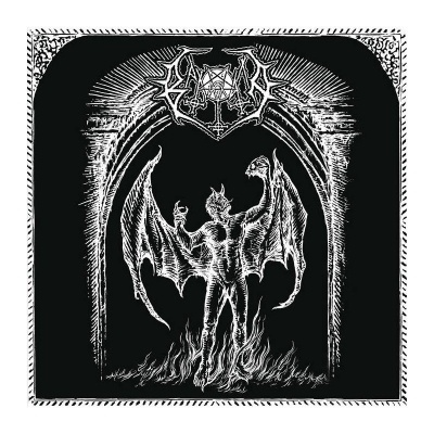 Ilustração em preto e branco de figura demoníaca com asas e chifres em chamas