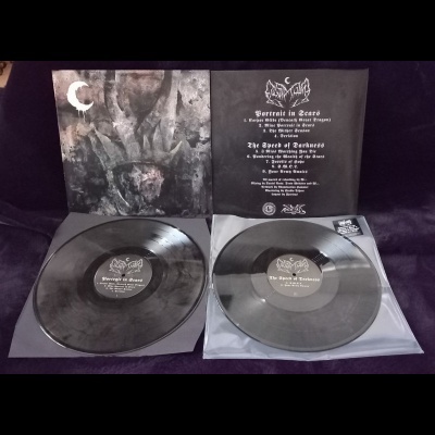 Dois discos de vinil e capas do álbum 'Portrait in Decay' da banda Darkened Nocturn Slaughtercult