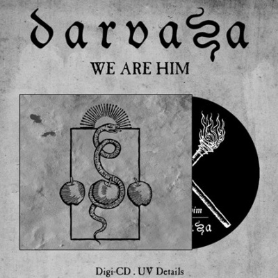 Capa de álbum 'darvaza WE ARE HIM' com desenho de cobra e CD preto com tocha acesa