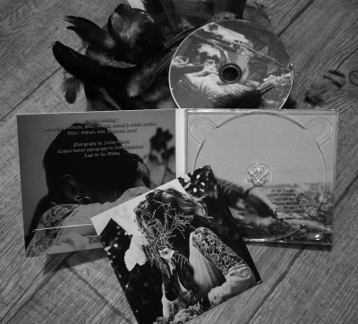 CD com caixa transparente, brochura e penas numa superfície de madeira.