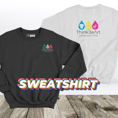 Duas sweatshirts, preta e branca, com logotipo Think3art e texto