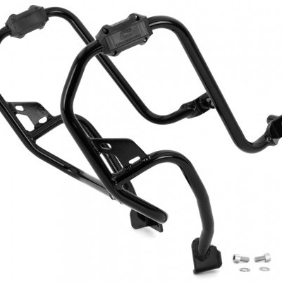 Suporte metálico tubular preto para motocicleta com parafusos