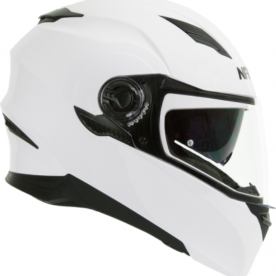 Capacete de mota integral branco com detalhes pretos e viseira fumada