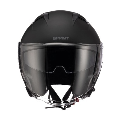 Capacete de motociclista preto fosco com duas viseiras e logótipo SPRINT