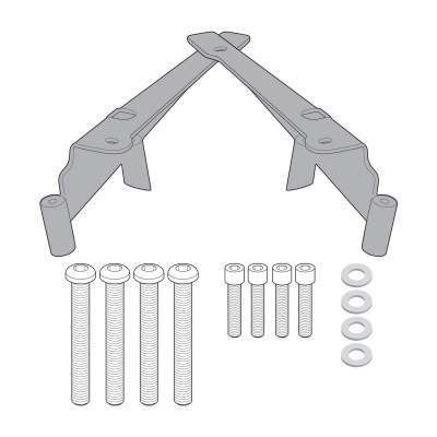 Conjunto de suportes metálicos com parafusos e arruelas