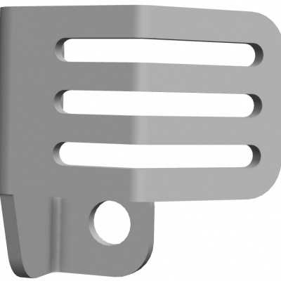 Peça metálica cinzenta com ranhuras horizontais e orifício circular.