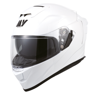 Capacete integral branco com viseira transparente e texto AIV HELMET