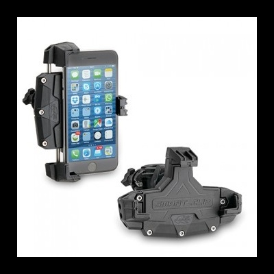 Suporte preto para telemóvel com pinça ajustável, duas vistas