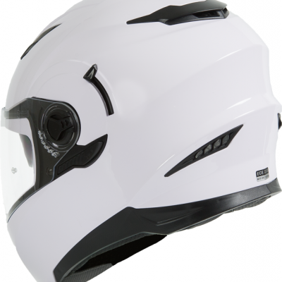 Capacete integral branco com viseira transparente e detalhes pretos