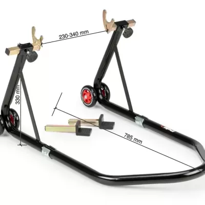 Suporte de metal preto para motocicleta com rodas vermelhas e medições indicadas.