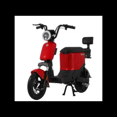 Motocicleta elétrica vermelha com banco preto e farol redondo