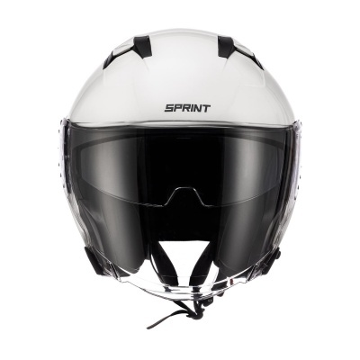 Capacete de moto branco com viseira fumada e texto SPRINT