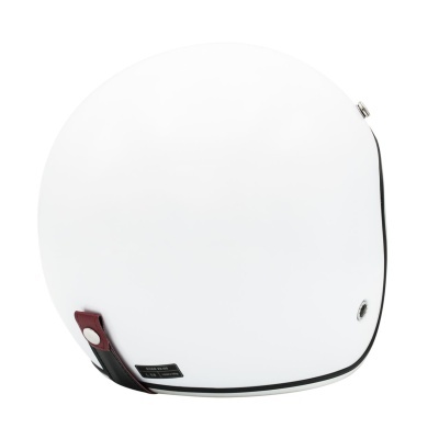 Capacete branco minimalista com detalhe em couro castanho e etiqueta preta