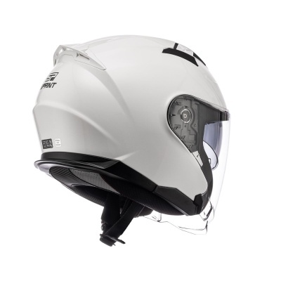 Capacete de motociclista branco com viseira transparente e detalhes pretos